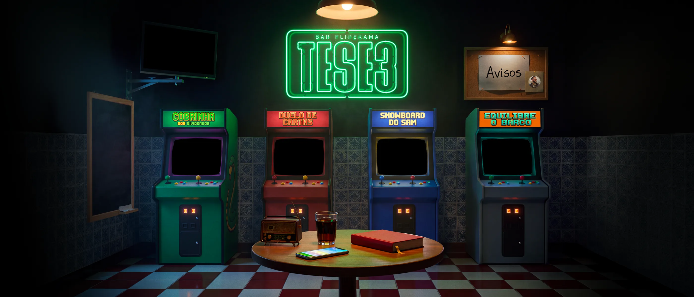 Um bar com quatro fliperamas, uma TV com o Simulador, a lousa do placar, o quadro de avisos e uma mesa com o Playbook e um celular.