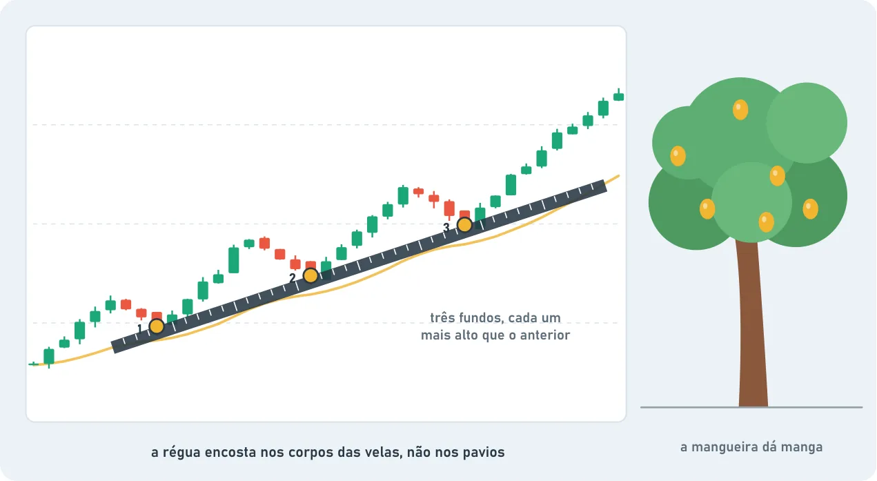 Um gráfico de velas em alta com uma régua ligando três fundos numerados, cada um mais alto que o anterior. A régua encosta nos corpos das velas, não nos pavios. Ao lado, uma mangueira carregada de mangas: a mangueira dá manga, a tendência segue o seu formato.